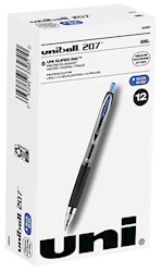 PENS, GEL, RETRACTABLE, UNIBALL 207, MEDIUM POINT, 0.7MM, BLUE INK, 12/CT LARGE